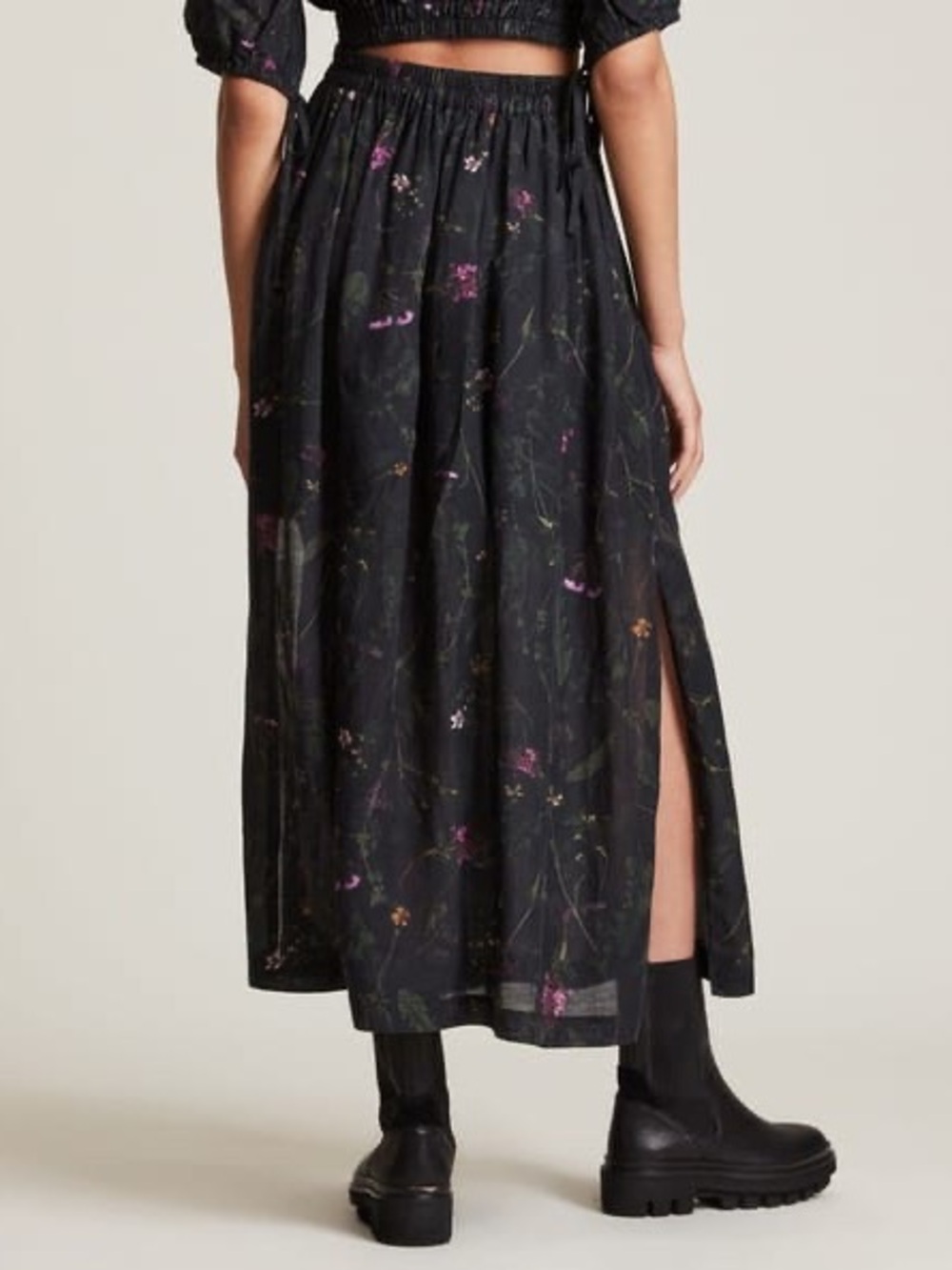 All Saints Black Floral A-Line Midi Skirt - Picture 3 of 16